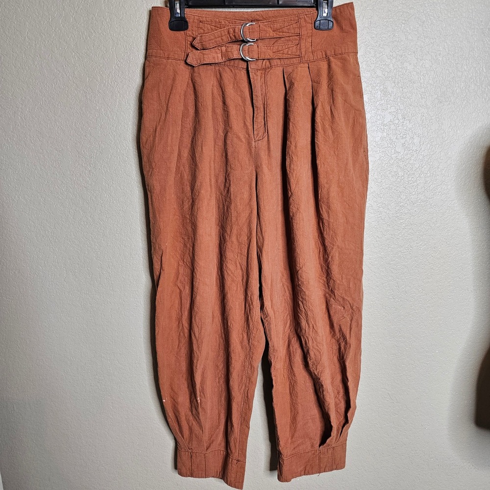 Free People 4 Double Buckle Soft Pants Pleated Tapered Rust Orange Cropped - Picture 2 of 12